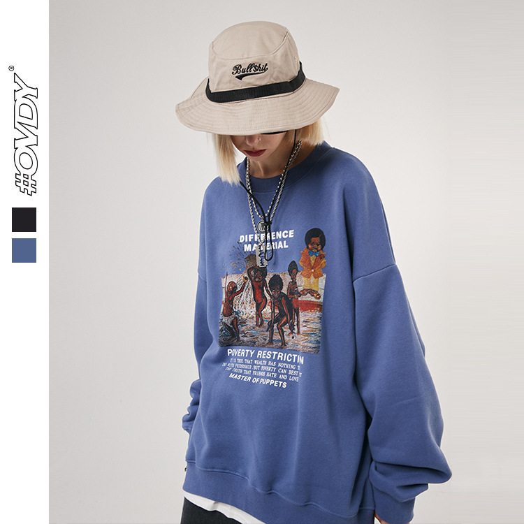 

wxwovdy men's 2021 autumn new street fashion hip hop loose round neck plush sweater men's, Black