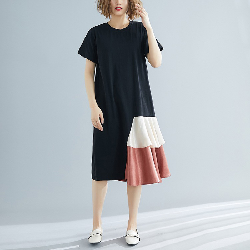 

Johnature Women Irregular Dresses Patchwork Black Summer Clothing O-Neck Short Sleeve Women Loose Casual Dresses 210521