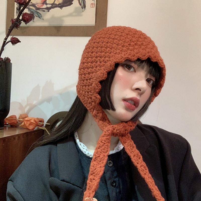 

Wide Brim Hats Women Autumn Winter Knitted Hat Japanese Design Keep Warm Protect Ear Knitting Wool Cap Cute Fisherman's Caps C116, Black