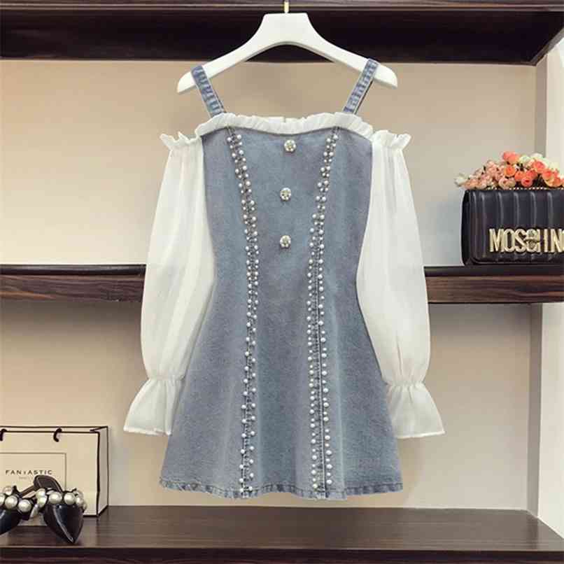 

Korean Fashion Sweet Denim Dress for Women Summer Off shoulder Pearl Beaded Long Sleeve Mini Vestidos 210602, Picture color