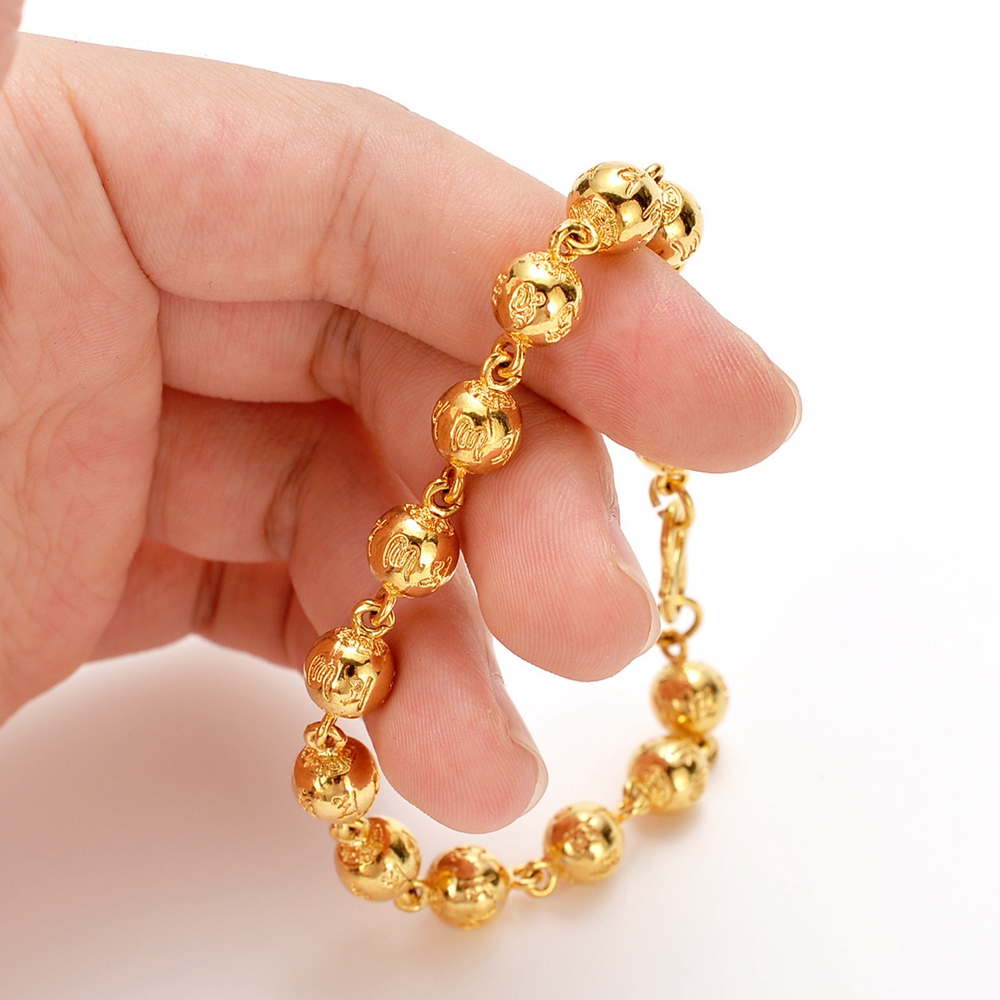Round Beads Bracelet Men Women Wrist Chain 18k Yellow Gold Filled Classic Vintage Gift-image-697692709