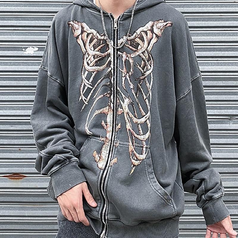 

Men' Hoodies & Sweatshirts Represent Zip Hoodie Bone Skeleton Print High Street Retro Washed Distressed Out Men Women Jacket, Washed black