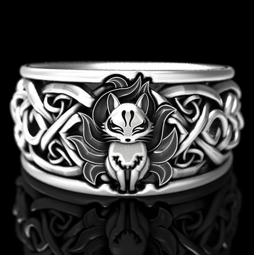 

Viking Gothic Ring Vintage Fine Silver Color Nine Tailed Fox Ring for Women Men Steampunk Party Halloween Jewelry Gifts