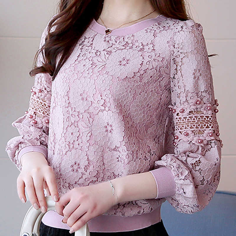 

Blusas Blouses Femme Beading Long Sleeve Blouse Women Tops Women Blusas Mujer De Moda O-Neck Hollow Lace Blouse Shirt E720 210602, White