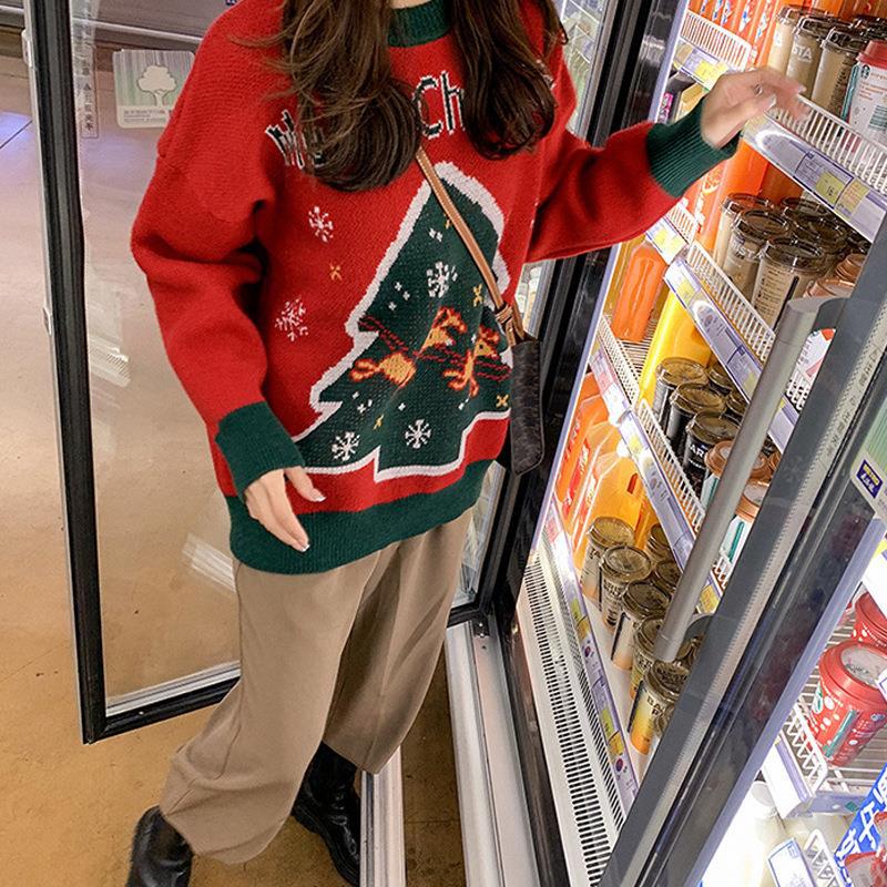 

Women's Christmas Sweater Pullover Jumper Knitted Snowman Christmas Tree Stylish Casual Long Sleeve Sweater Cardigans Crew Neck Fall Wi, White;black