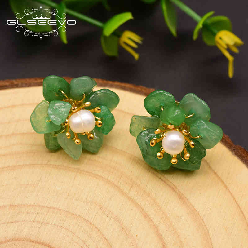 

GLSEEVO Natural Jade Pearl Stud Earrings For Women Mom Birthday Day Gift 925 Sterling Silver Flower Earring Fine Jewelry GE0780 210323
