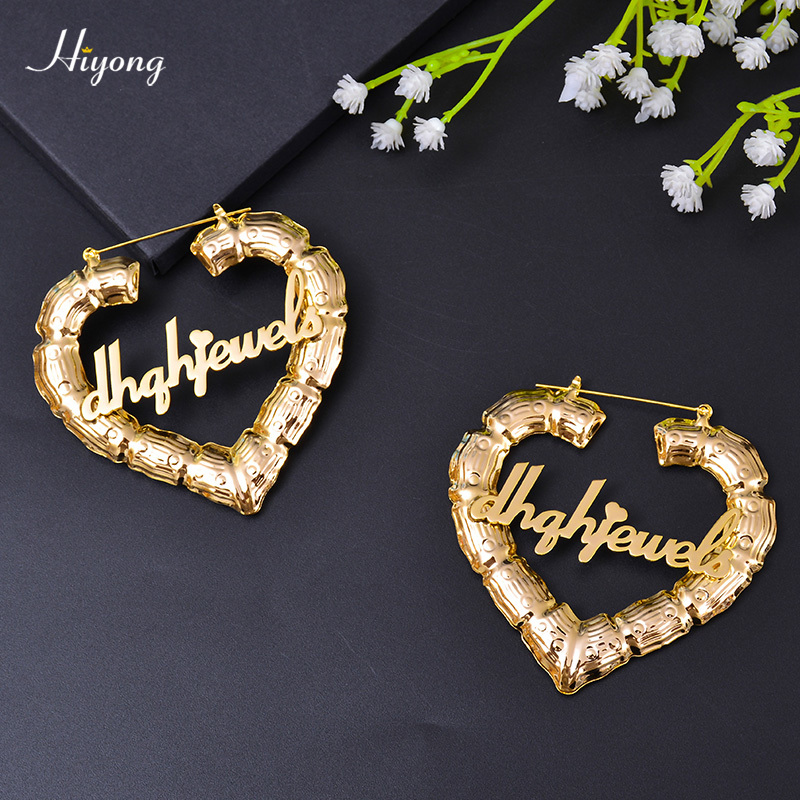 

70/90mm Custom Earrings Love shape Hiphop Bamboo Hoop Earrings Customizable Heart Customize Name Earrings for Women Girls 210323