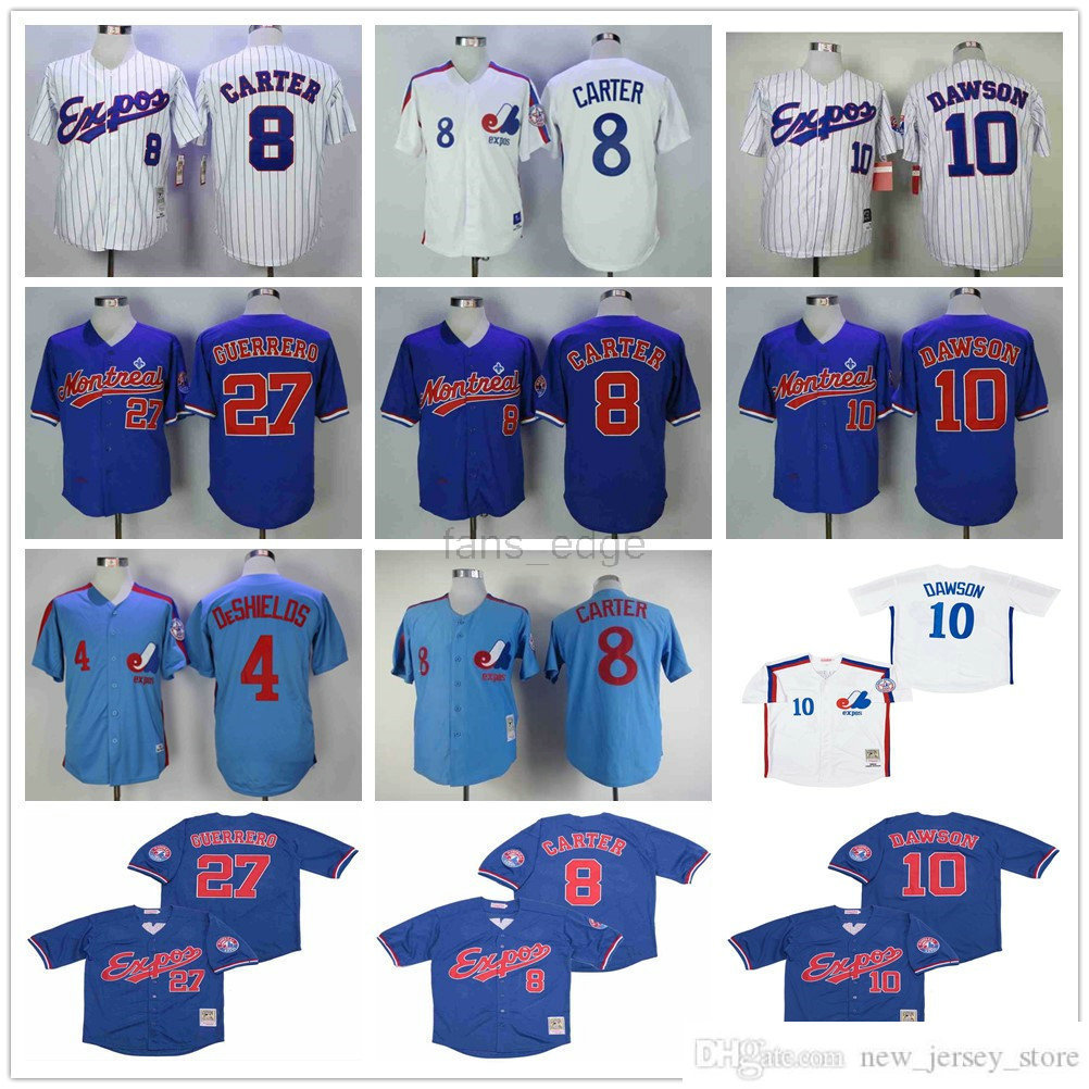 

Montreal Expos Jersey 27 Vladimir Guerrero 8 Gary Carter 10 Andre Dawson 4 Delino DeShields Breathable Pure Cotton Stitched Team High Quality, Blue;black