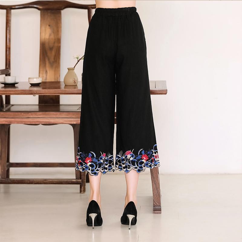 

Women's Pants & Capris 2021 Summer Style Casual Women Mid Waist Embroidery Female Cotton Linen Wide Leg Pantalon Mujer1, Black;white