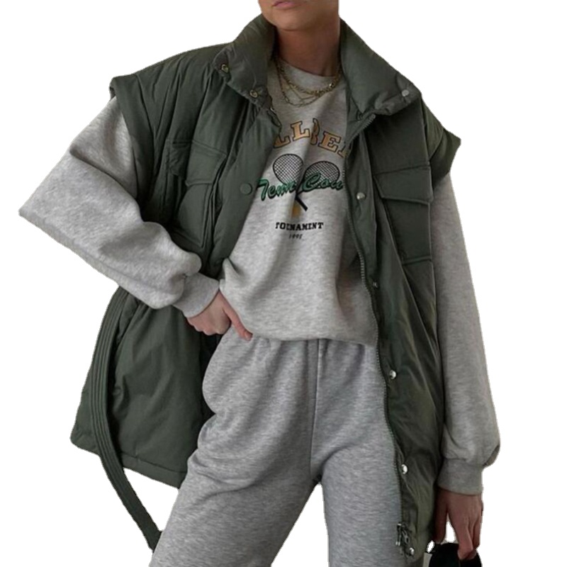 

Msfancy verde acolchoado colete feminino inverno gola gilet femme 2021 moda bolsos túnica rendas chaleco mujer Party outwear
