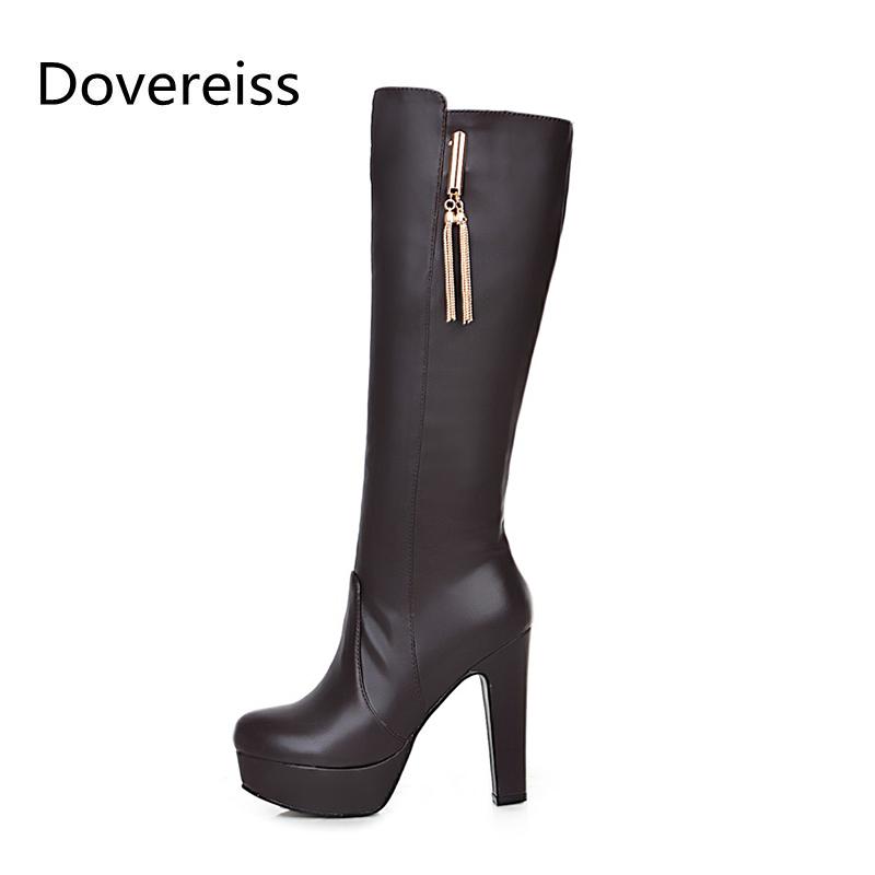 

Boots Winter For Woman Fashion Sexy Pointed Toe Pure Color Beige Platform Block Heels Clear Knee High 31-43, Black