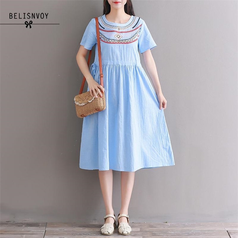 

Mori Girl Summer Women Dresses White Blue Cotton Linen Vestidos Short Sleeve Floral Embroidery Elegant Drawstring Midi Dress 210520