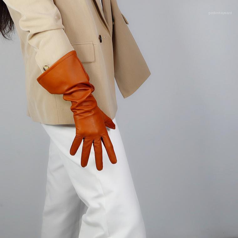 

Five Fingers Gloves Women's Runway Fashion Wide Sleeve Genuine Leather Long Glove Lady's Performance Plus Size Touchscreen 38cm R1134