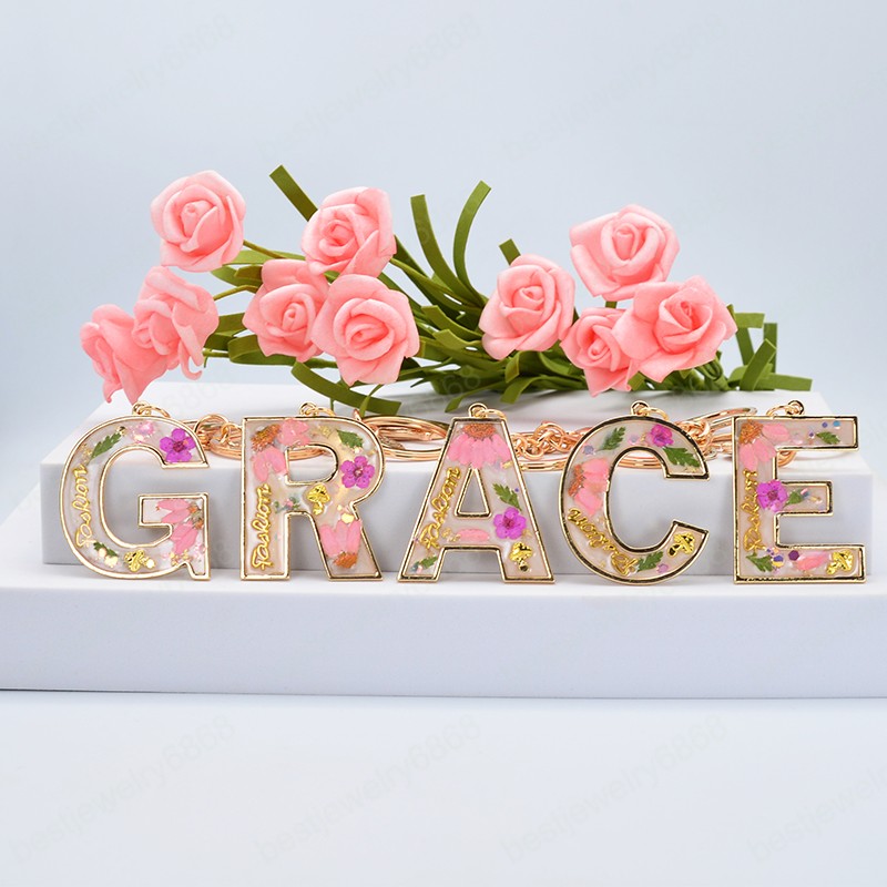 

Letter Pendant Keychain Dried Flower Alphabet Key Ring Initial Capital A-Z Jewelry Unisex Key Chain Gifts