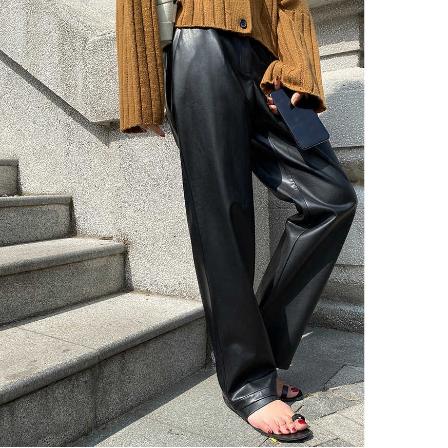 

Women Stylish Faux Leather Harem Pants Chic Black Beige Autumn And Winter Fashion Female PU Long Trousers 210608