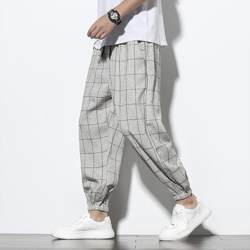 

male plaid cotton linen loose women pants harem autumn vintage casual trousers clothing streetwear, Black