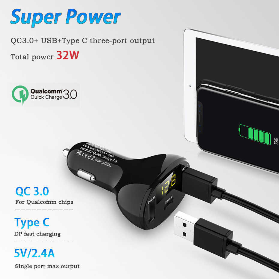 

QC3.0 Type C 30W Dual USB Car Charger LED Display Universal Truck Car Cigarette Lighter For iPhone 12 11 Tablet DVR Camera GPS