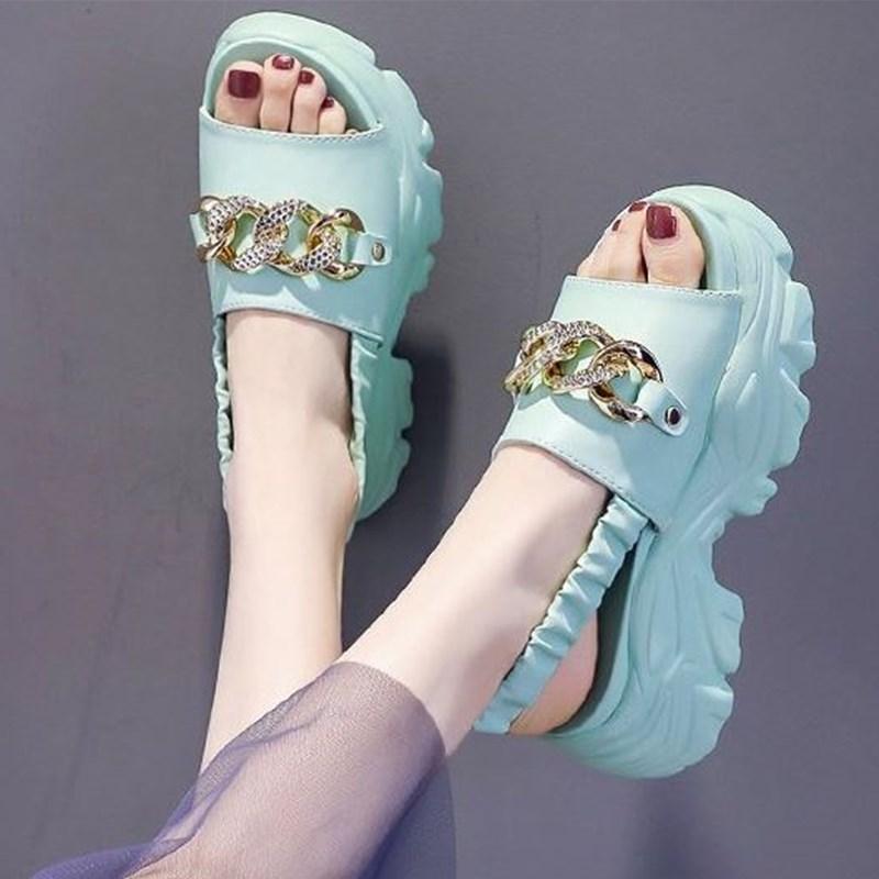 

Summer Golden Chain Platform Sandals Female Ins Tide Fish Mouth Wear-resistant Slippers Open-toed Sponge Cake Dad Shoes, Black