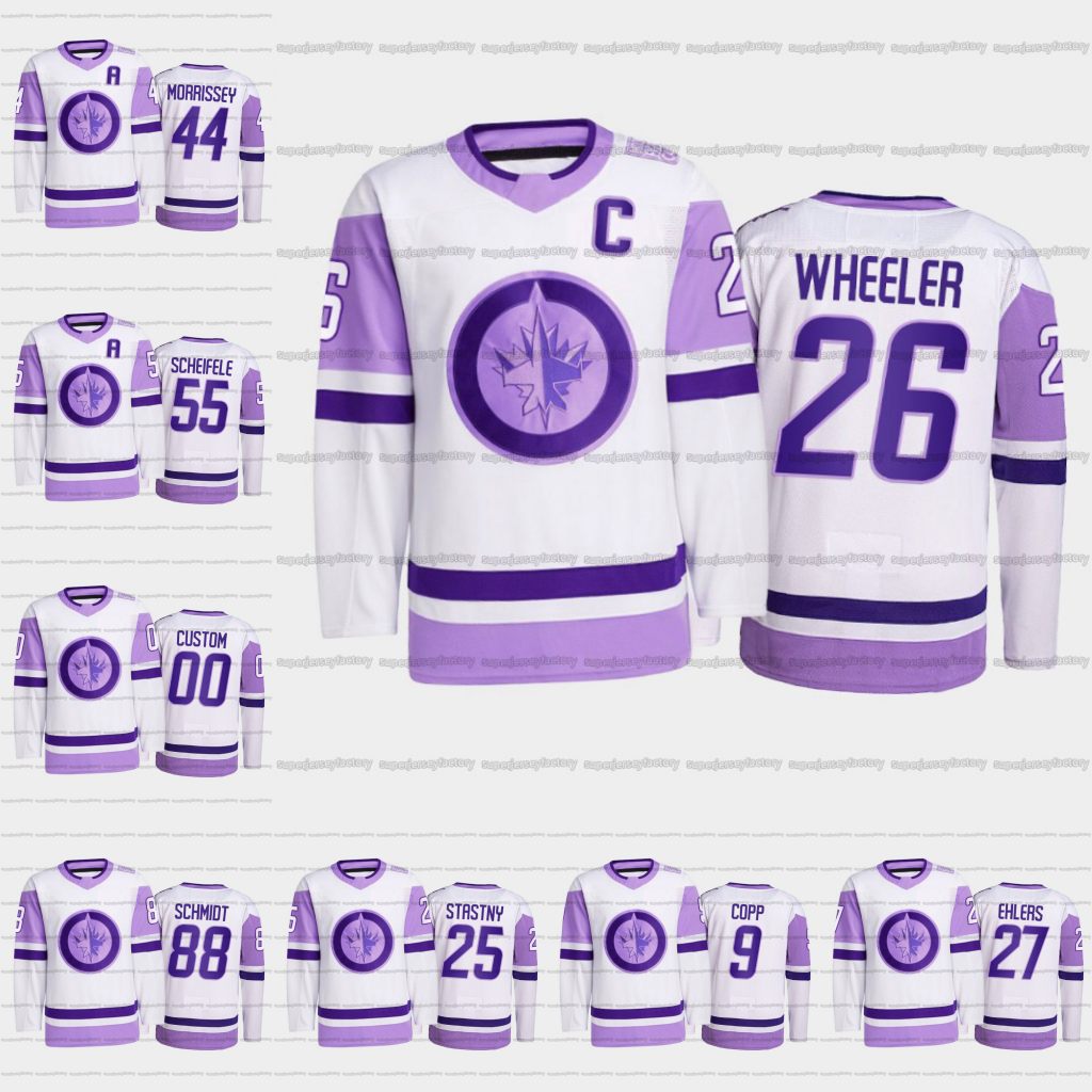 

26 Blake Wheeler Hockey Fights Cancer 2021-22 Jersey Mark Scheifele Josh Morrissey Nate Schmidt Paul Stastny Andrew Copp Pierre-Luc Dubois Kyle Connor Riley Nash, Men 2021/22 alternate jersey