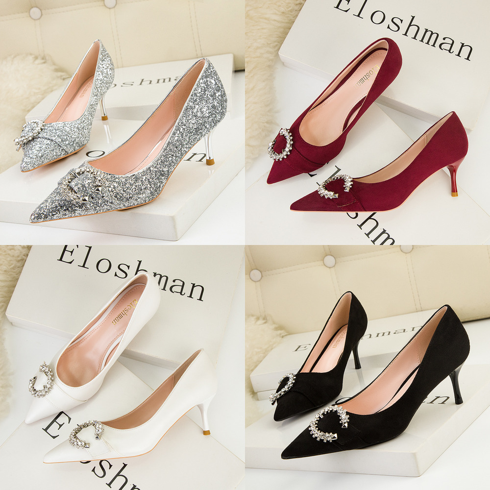 

Fashion Sexy Nightclub Show Thin Heel High Heel Shallow Mouth Pointed Sequin Cloth Leather Buckle Single Shoe, Black
