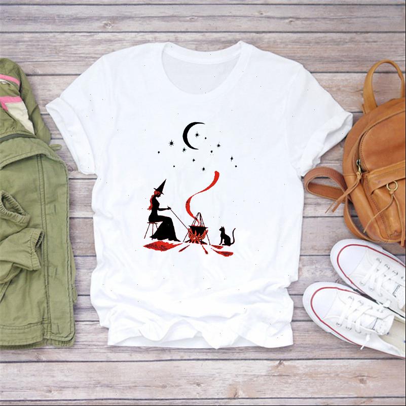 

women t shirt witch cat moon print hallween shirts womens female graphic tee tees harajuku, White