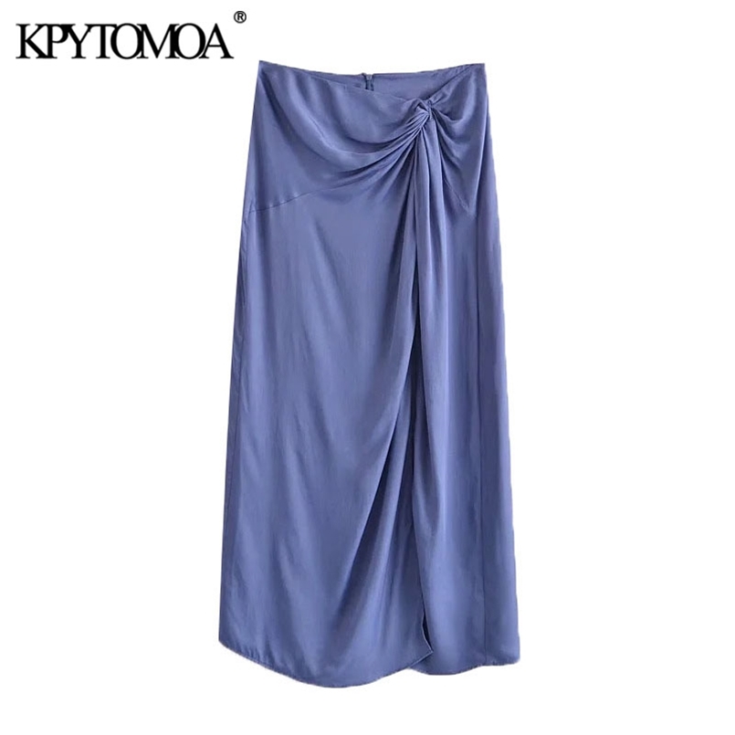 

KPYTOMOA Women Chic Fashion With Knotted Soft Touch Midi Skirt Vintage High Waist Back Zipper Vents Hem Female Skirts Mujer 210708, As picture