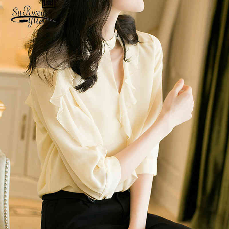 

Silk Shirt Women Blusas Mujer De Moda Summer Fashion Stand Collar Chiffon Blouses Hollow Out Ruffled Ladies Top 9727 210521, Apricot