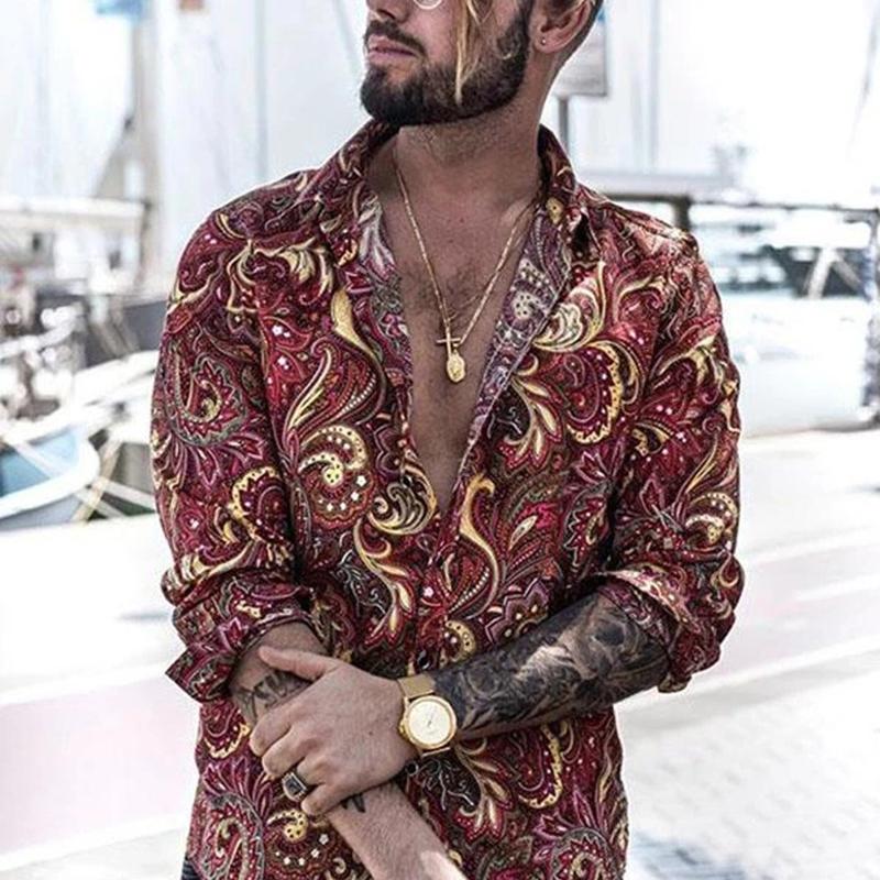 

Men' Casual Shirts 2021 Summer Vintage Floral Printed Long Sleeve Beach Fashion Mens Tops Streetwear Men Spring Lapel Buttoned, 04