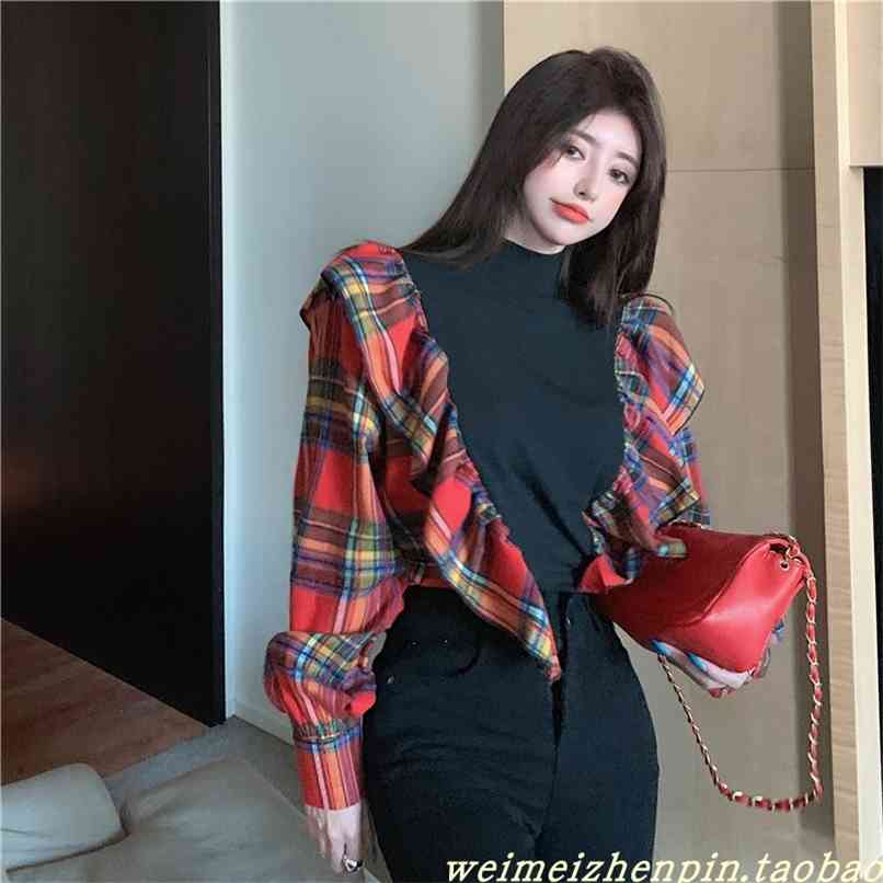 

Women Chic Turtleneck Contrast Color Plaid Tees Female All-match Fashion Tops Spring Vintage Patchwork Top 210520, Black