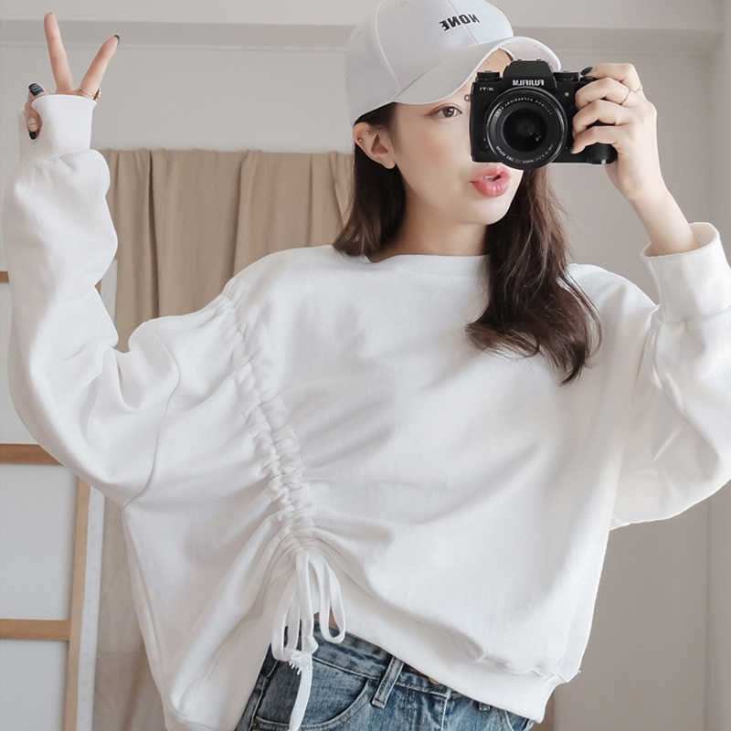 

Autumn Korean ins fashion simple short sports female ulzzang Harajuku loose solid color O-neck thin casual women sweatshirt 210608, Black