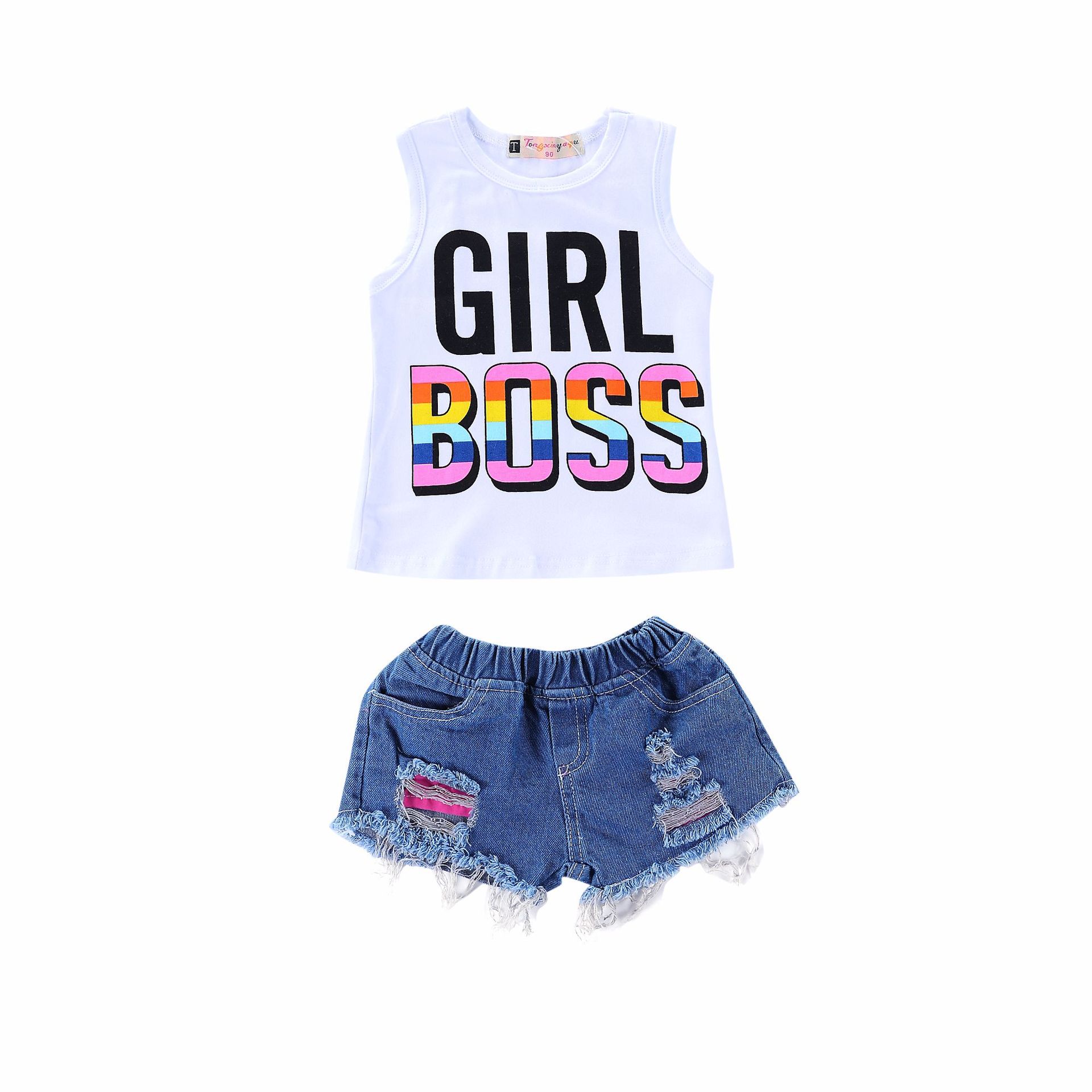 

baby girls clothing set top letters print GIRL BOSS vest + hole hollow out tassels shorts denim jeans pant kids clothes set, White