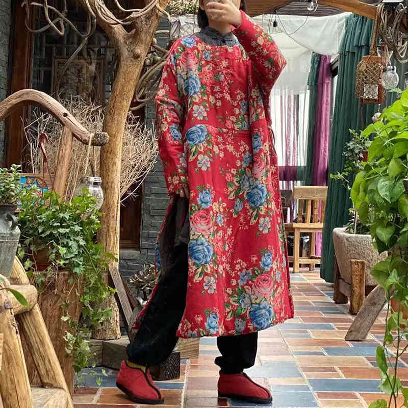 

Johnature Women Warm Cotton Print Parkas O-Neck Long Robes Winter Loose Women Vintage High Split Retro 210521, Red