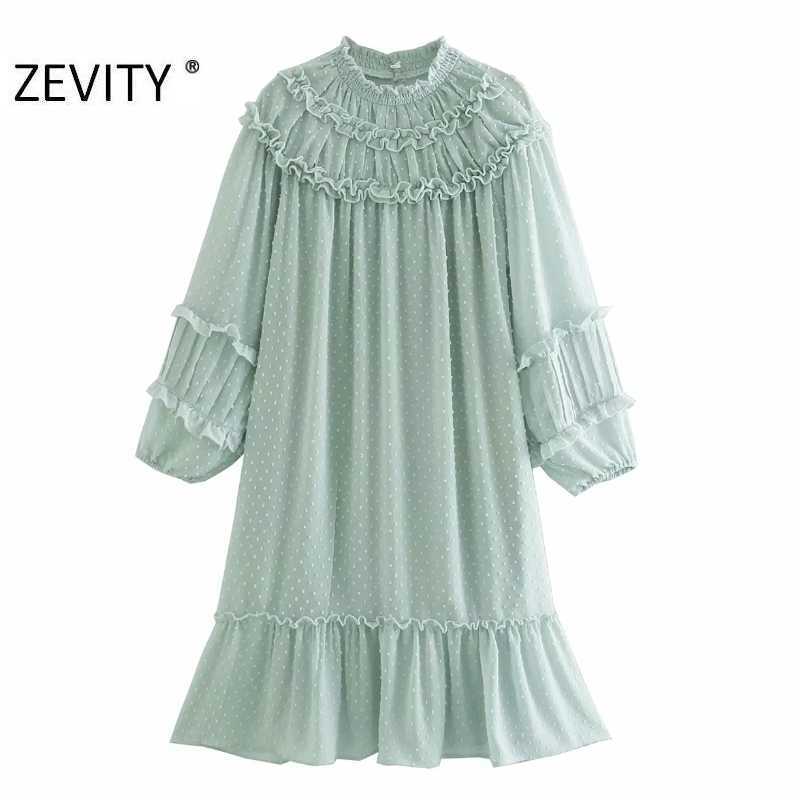 

ZEVITY women fashion agaric lace dot stitching casual chiffon dress lady lantern sleeve straight vestido chic dresses DS4510 210603, As pic ds4510cc