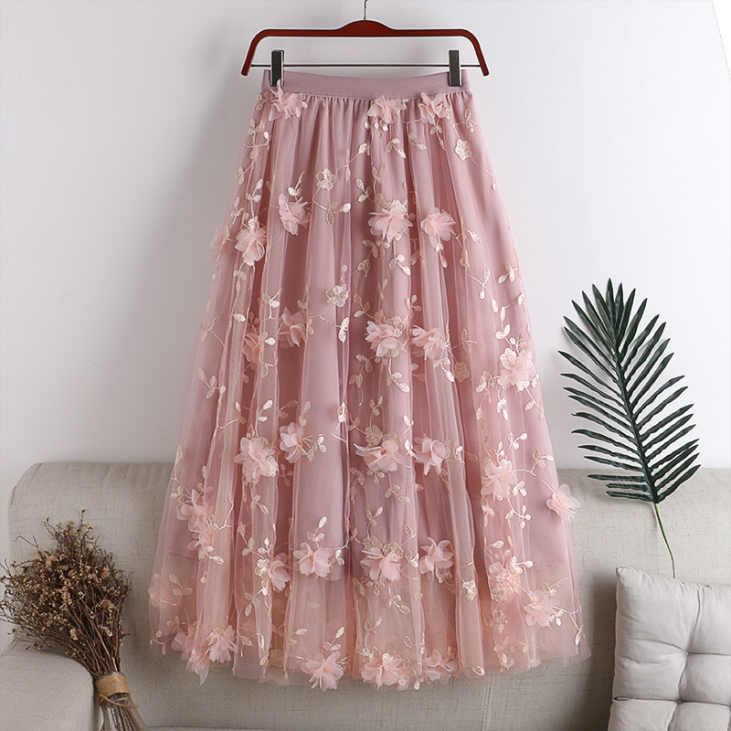 

Skirts Women A-Line Mesh Stretch High Waist Flower Embroidery Long Femme Faldas Jupe Saia PInk K5BU