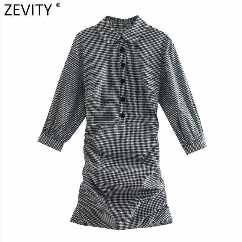 

Zevity Women Vintage Houndstooth Plaid Print Pleated Mini Dress Chic Ladies Lantern Sleeve Side Zipper Slim Vestido DS4780 210603, As pic ds4780nn