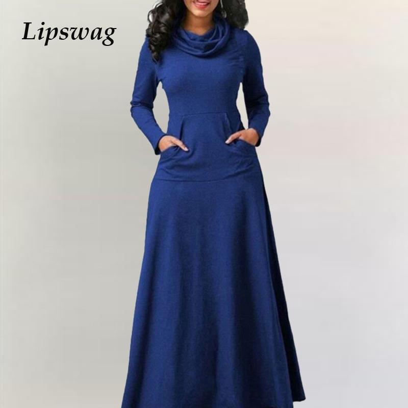 

Women Elegant Solid Turtleneck Dress Autumn Ladies Office Long Sleeve Casual Dresses Fashion Female Ankle-Length, Black;gray