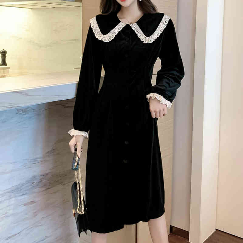 

Casual Dresses Autumn Winter Peter Pan Lace Collar Single Breasted Sweet Veet A-line Midi ST14, Black