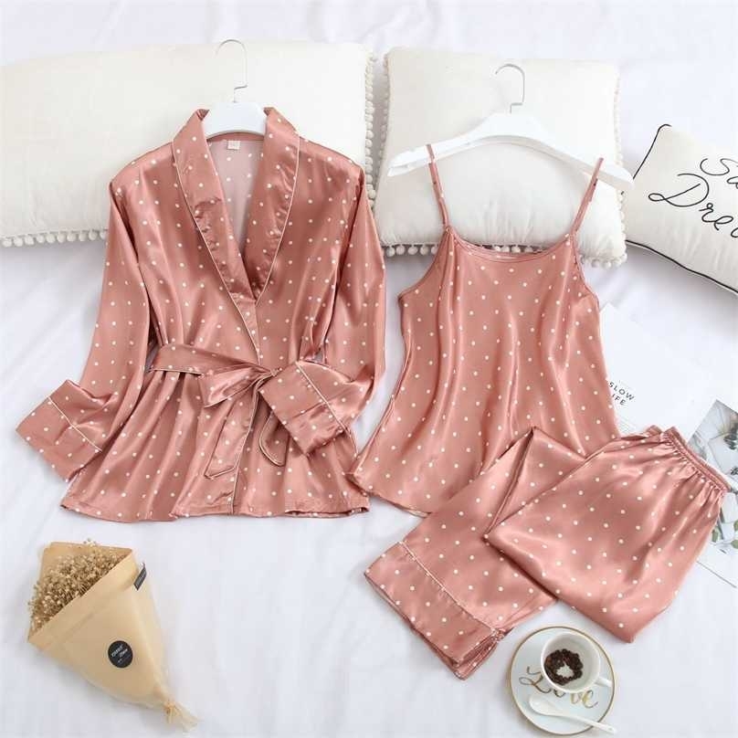 

Autumn Long Sleeve Pajamas 3 Pcs Thin Ice Silk Sexy Spaghetti Strap Cardigan Trousers Set Sleepwear 211106, Pink