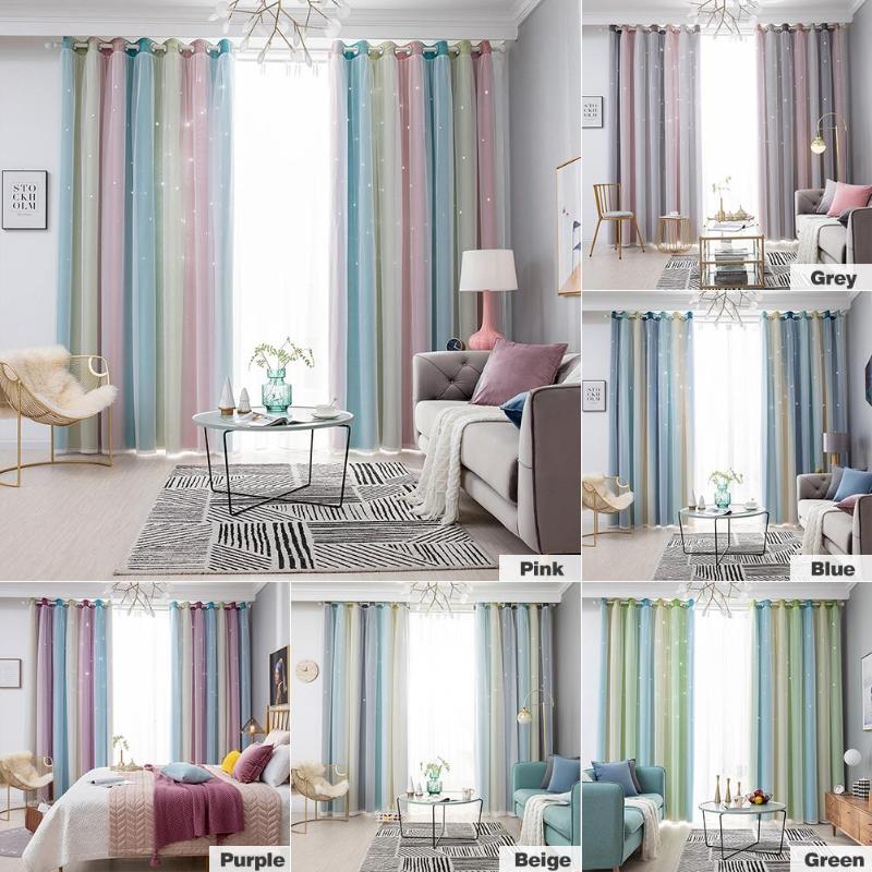 

Curtain & Drapes 100x250CM Modern Romantic Rainbow Color Sheer Bedroom Curtains Full Blackout Window Treatments Star