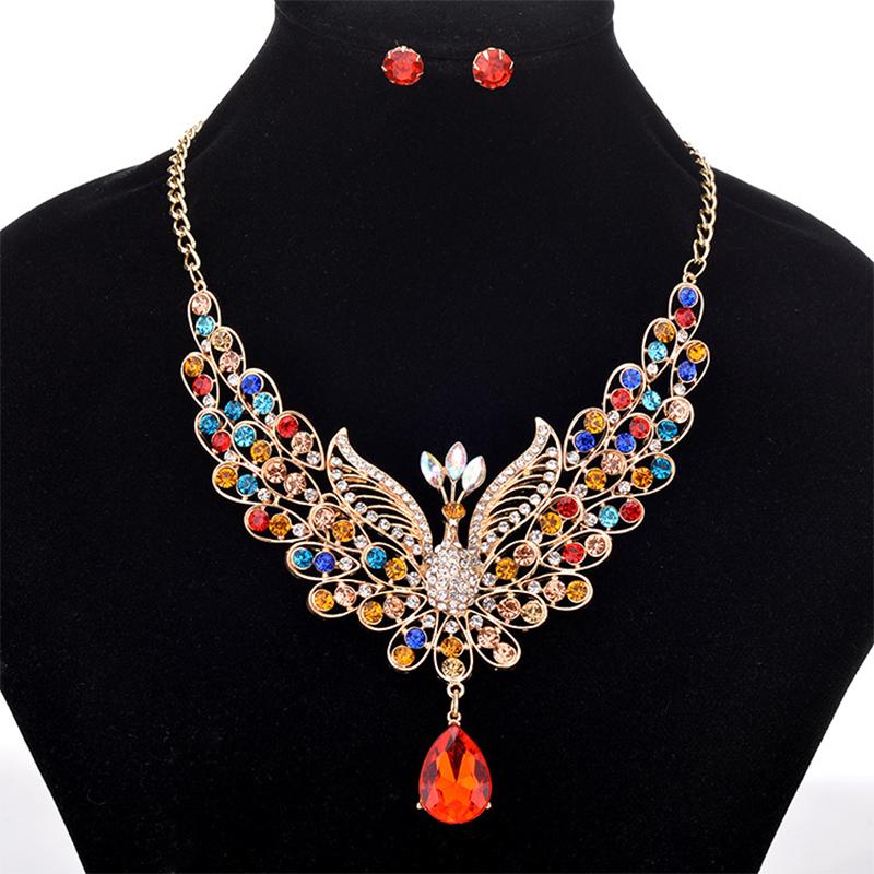 

Earrings & Necklace Exagogue Decorative Female Luxurious Atmosphere Retro Court Color Diamond Peacock Drop Pendant Set Chain, Silver