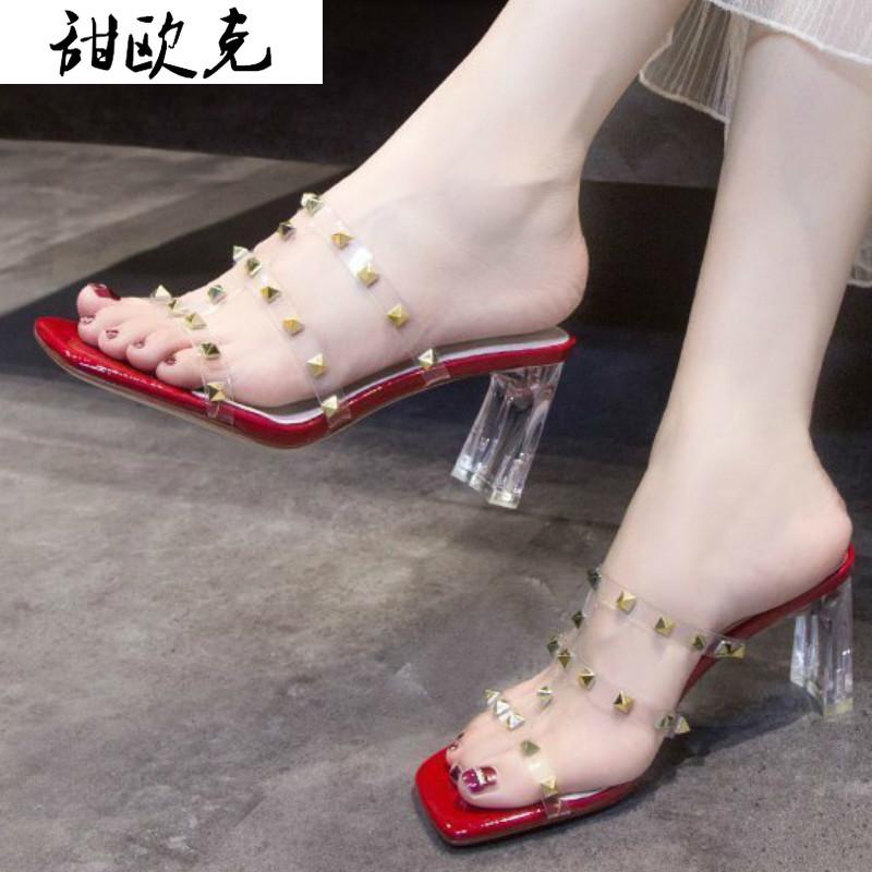

Summer Casual Fashion Woman Shoes Sexy Rhinestone 2021 High Heels Comfortable Square Heel Outer Wear Sandals, Black
