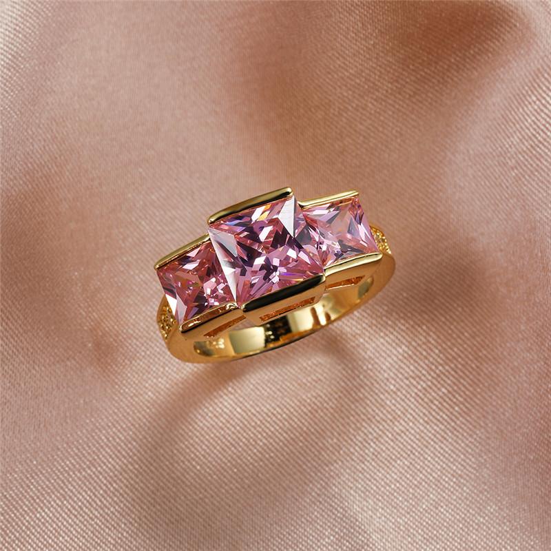Wedding Rings Charm Female Pink Crystal Stone Ring Dainty Jewelry Gold Color Big For Women Vintage Bride Square Engagement-image-711407593