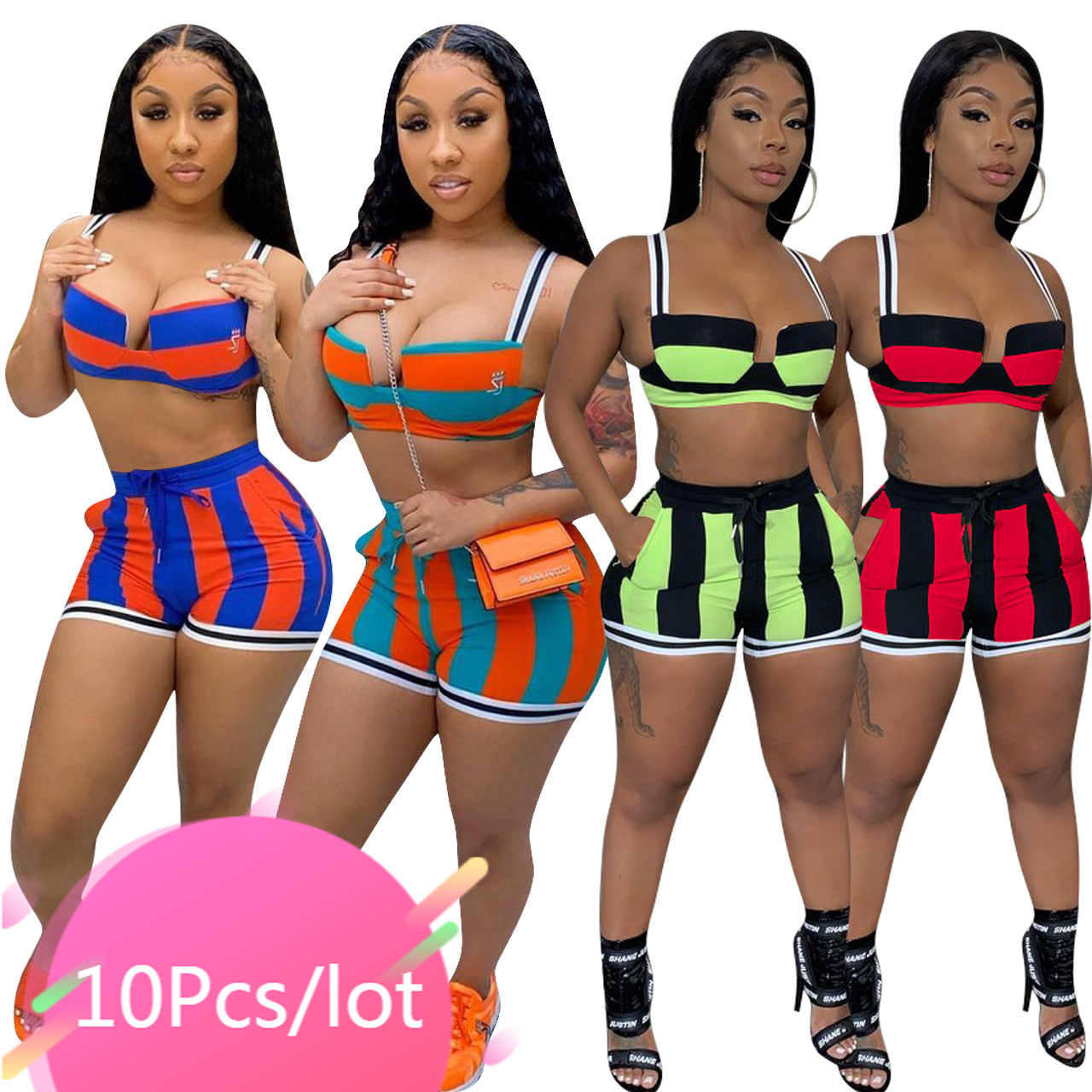 

Wholesale Bulk Items Lots Summer Shorts Sets for Women Striped Crop Top and Backless Patchwork Club Party Outfits 2021, Mix color