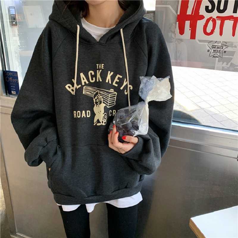 

Winter hooded plus velvet padded sweatshirt female ins Harajuku letter vintage BF fashion loose head casual 210608, Gray