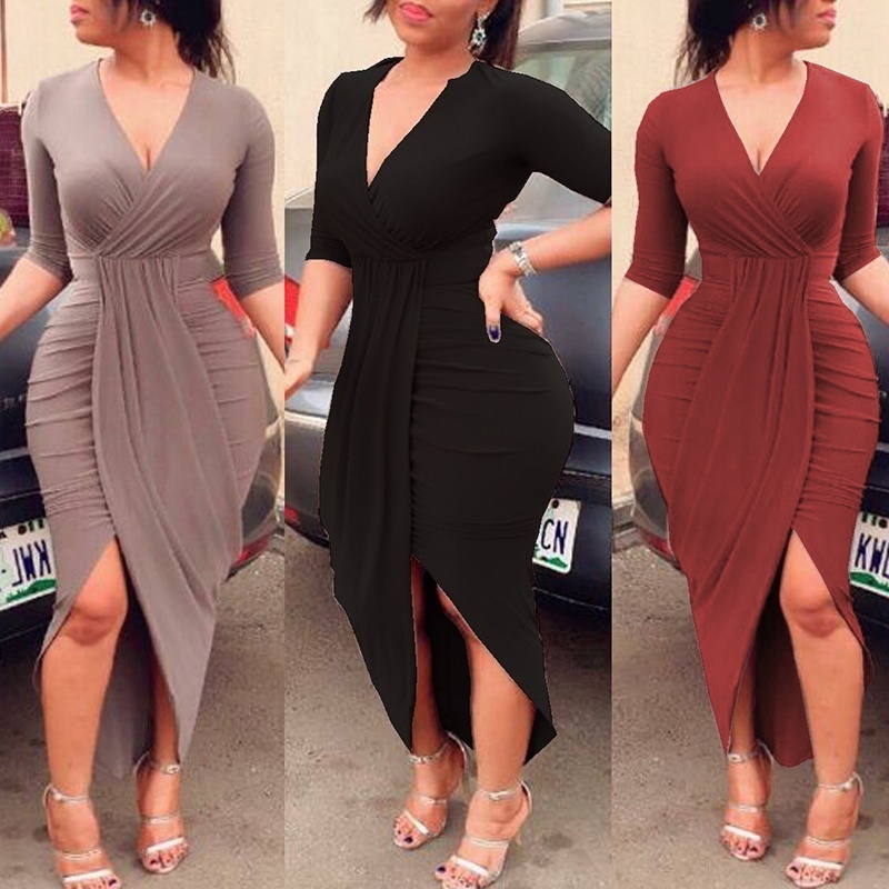 

Women Sexy Deep V Bodycoon Dress Party Dress Runched Slim Fit Club Half Sleeve Long Dress, Blue