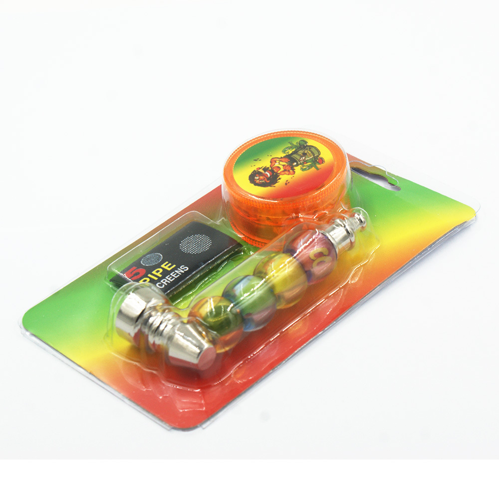 

Metal Pipe Set Kit Tobacco Pocket Jamaican Bob Colorful Beads Smoking Herb Pipes with Plastic Grinder Screens Mesh Filter Combo