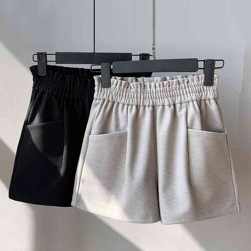 

Simple Women Casual Shorts Body Workout Autumn Winter Warm Elastic Waist Straight Booty Loose Wide Leg Egde Short 210603, Dark grey