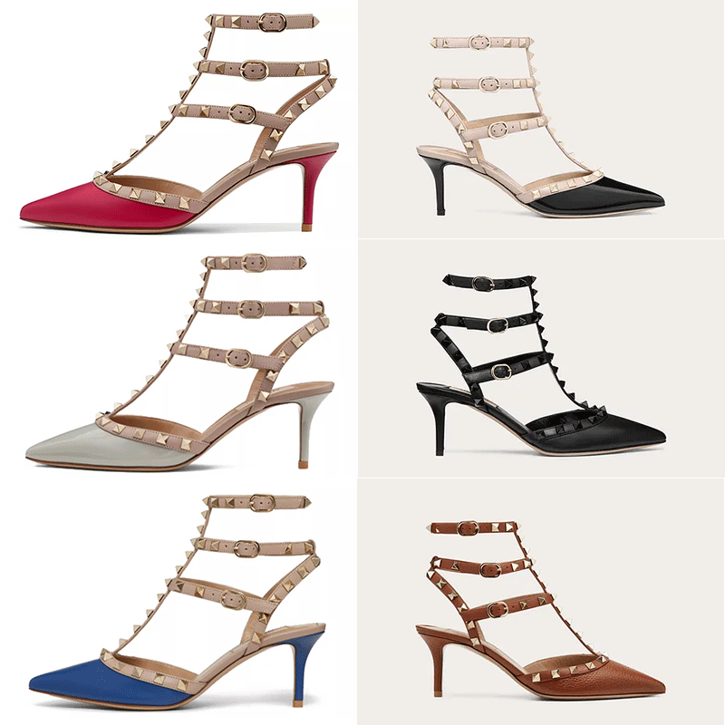 

High Heels Sandals Women shoes Genuine Leather Slingback Pumps Ladies Sexy Fashion Rivets with box p281#, Black