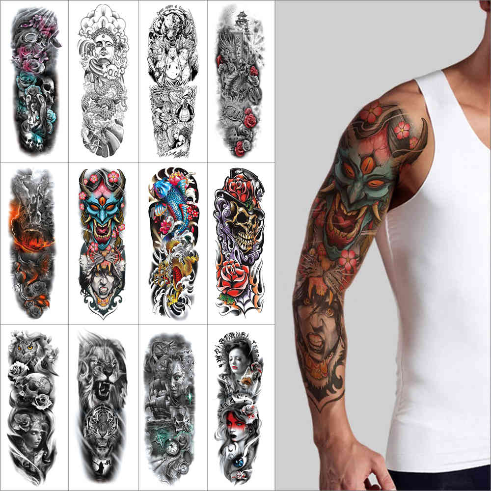

Arm Large Temporary tattoo sticker tiger flowers skulls Dragon fish Colorful Sleeve Sticker Fake Flash Waterproof Tatto