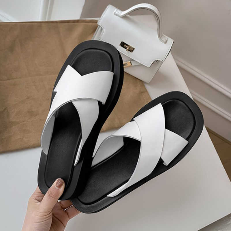 

Meotina Slippers Women Shoes Genuine Leather Sandals Flat Platform Med Heel Slides Round Toe Ladies Footwear Summer Fashion 40 210608, White